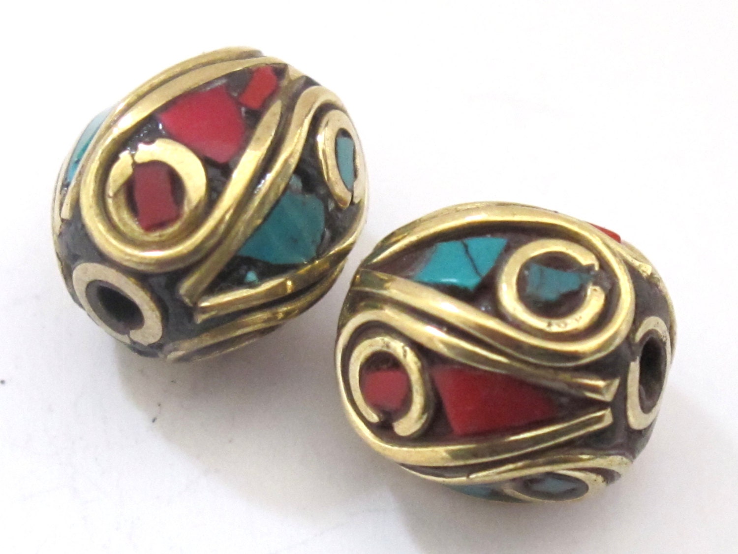 2 BEADS - Tibetan oval shape brass beads with turquoise and coral inlay - BD499