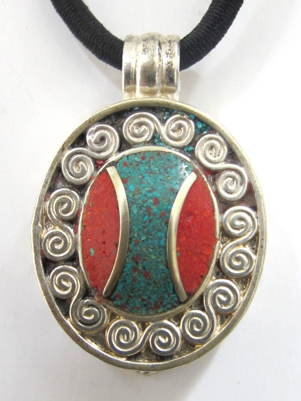 Oval shape Tibetan silver finish Ghau prayer box pendant with turquoise coral inlay and double spiral design - PM191E
