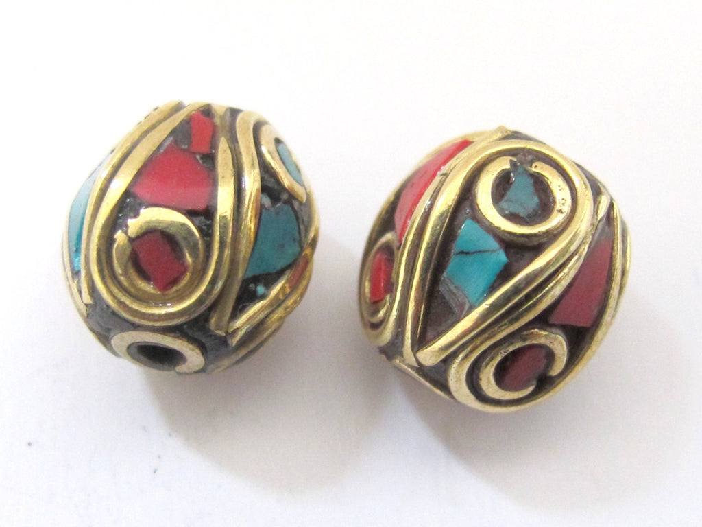 2 BEADS - Tibetan oval shape brass beads with turquoise and coral inlay - BD499