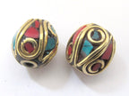 2 BEADS - Tibetan oval shape brass beads with turquoise and coral inlay - BD499