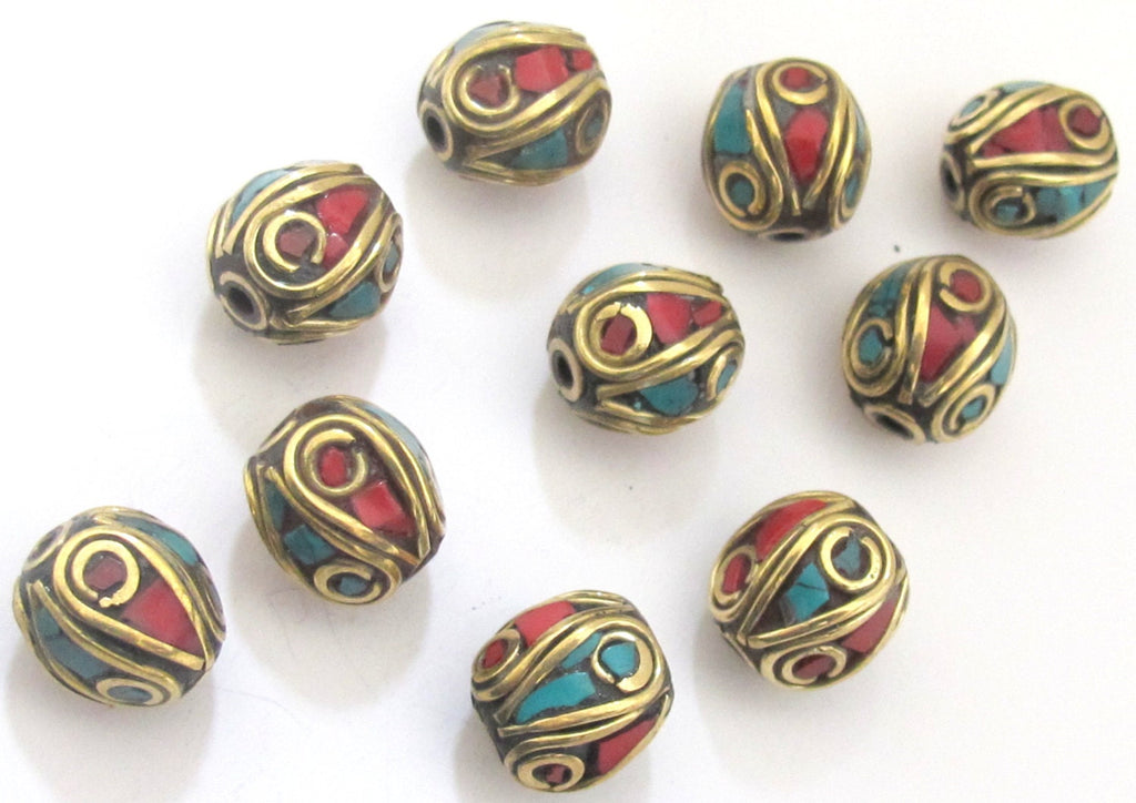 10 BEADS - Tibetan oval shape brass beads with turquoise and inlay - BD499
