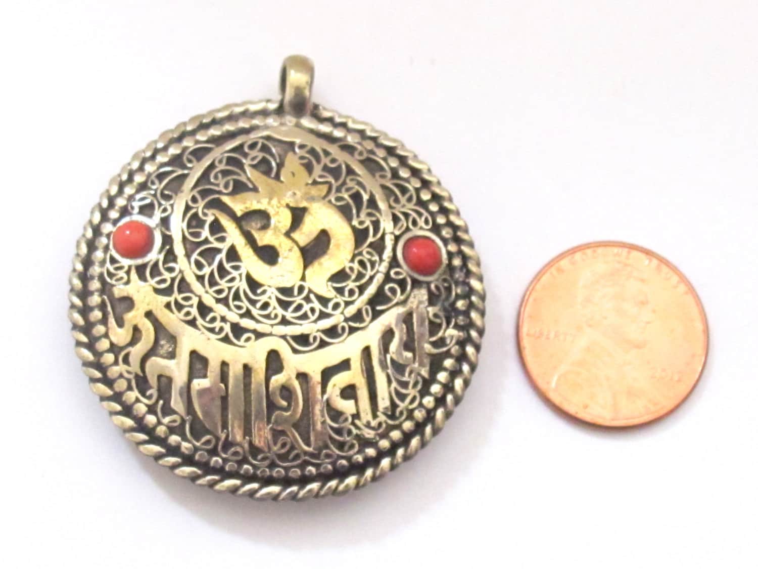 Sanskrit Om namah shivaya and shree Ganeshaya namah mantra reversible brass filigree pendant - PM192