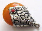 Thick Tibetan silver copal resin reversible pendant with floral design on bail - 1 Pendant - PM195B