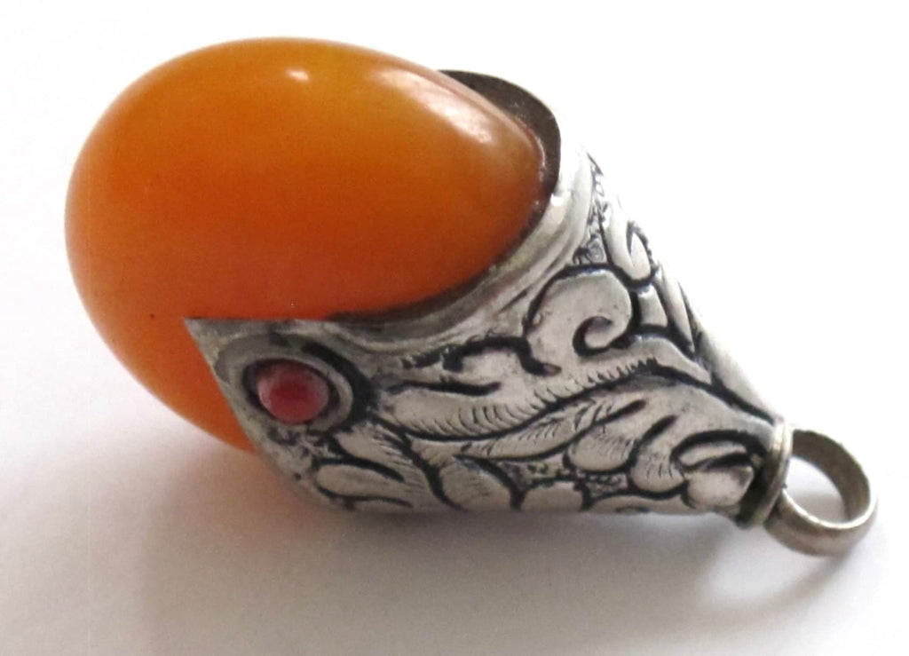 Thick Tibetan silver copal resin reversible pendant with floral design on bail - 1 Pendant - PM195B