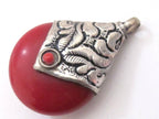 Large Tibetan antiqued silver finish red resin reversible pendant with floral design on bail - 1 Pendant - PM196