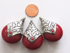 Large Tibetan antiqued silver finish red resin reversible pendant with floral design on bail - 1 Pendant - PM196