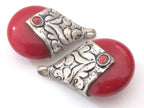 Large Tibetan antiqued silver finish red resin reversible pendant with floral design on bail - 1 Pendant - PM196