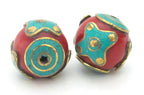 1 BEAD - Large 22 mm Red resin bead inlaid with brass turquoise circles and star design - BD504C