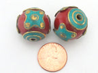 1 BEAD - Large 22 mm Red resin bead inlaid with brass turquoise circles and star design - BD504C