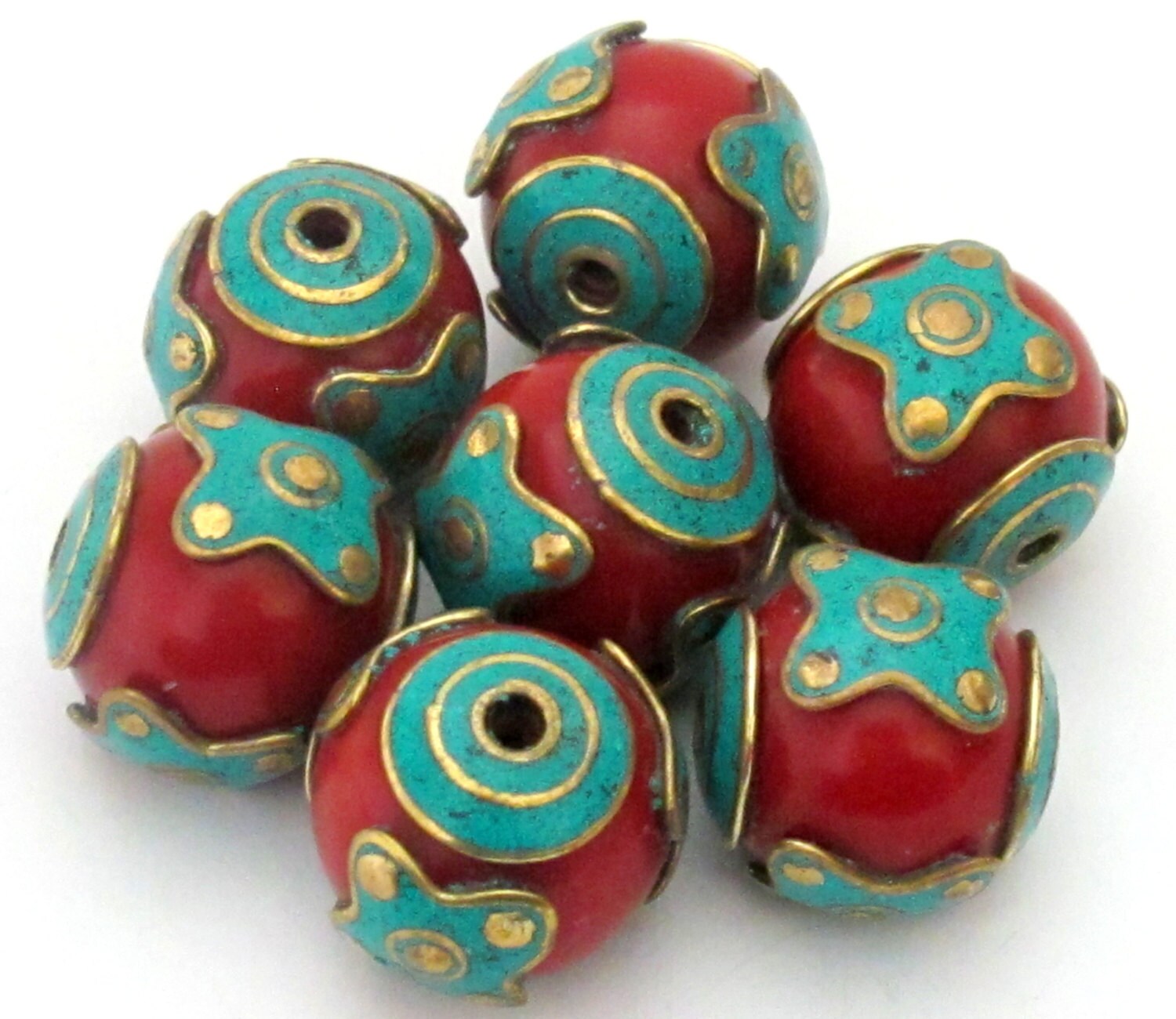 1 BEAD - Large 22 mm Red resin bead inlaid with brass turquoise circles and star design - BD504C