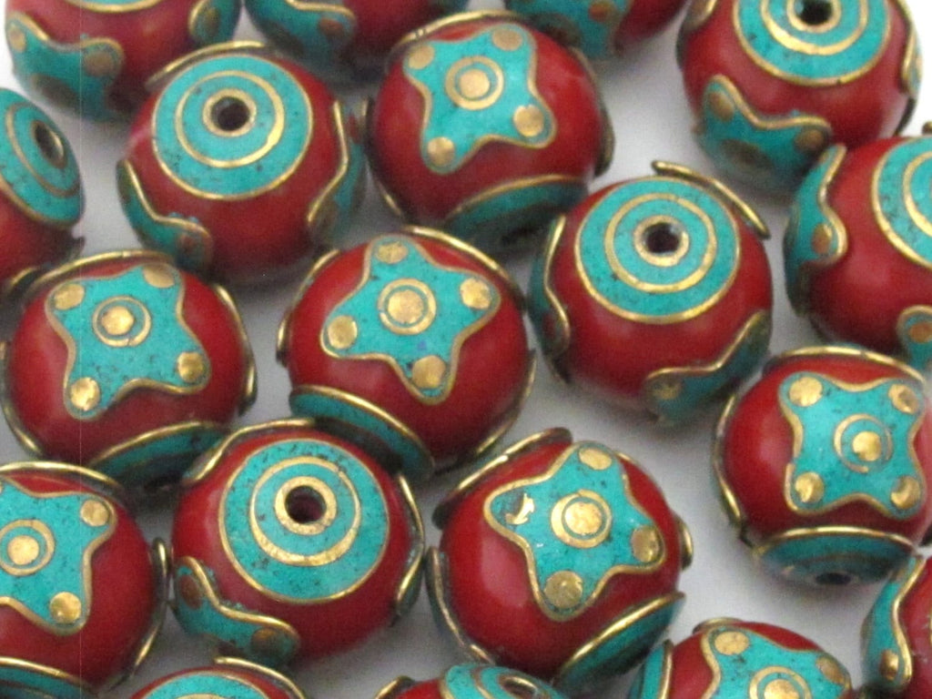 1 BEAD - Large 22 mm Red resin bead inlaid with brass turquoise circles and star design - BD504C