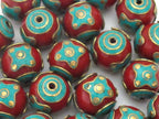 1 BEAD - Large 22 mm Red resin bead inlaid with brass turquoise circles and star design - BD504C