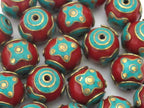 1 BEAD - Large 22 mm Red resin bead inlaid with brass turquoise circles and star design - BD504C