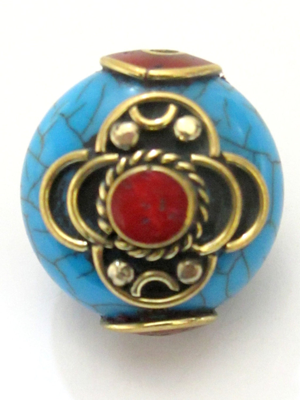 1 BEAD - Beautiful dual sided blue crackle resin horn bead inlaid with brass and - BD504D