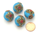 1 BEAD - Beautiful dual sided blue crackle resin horn bead inlaid with brass and - BD504D