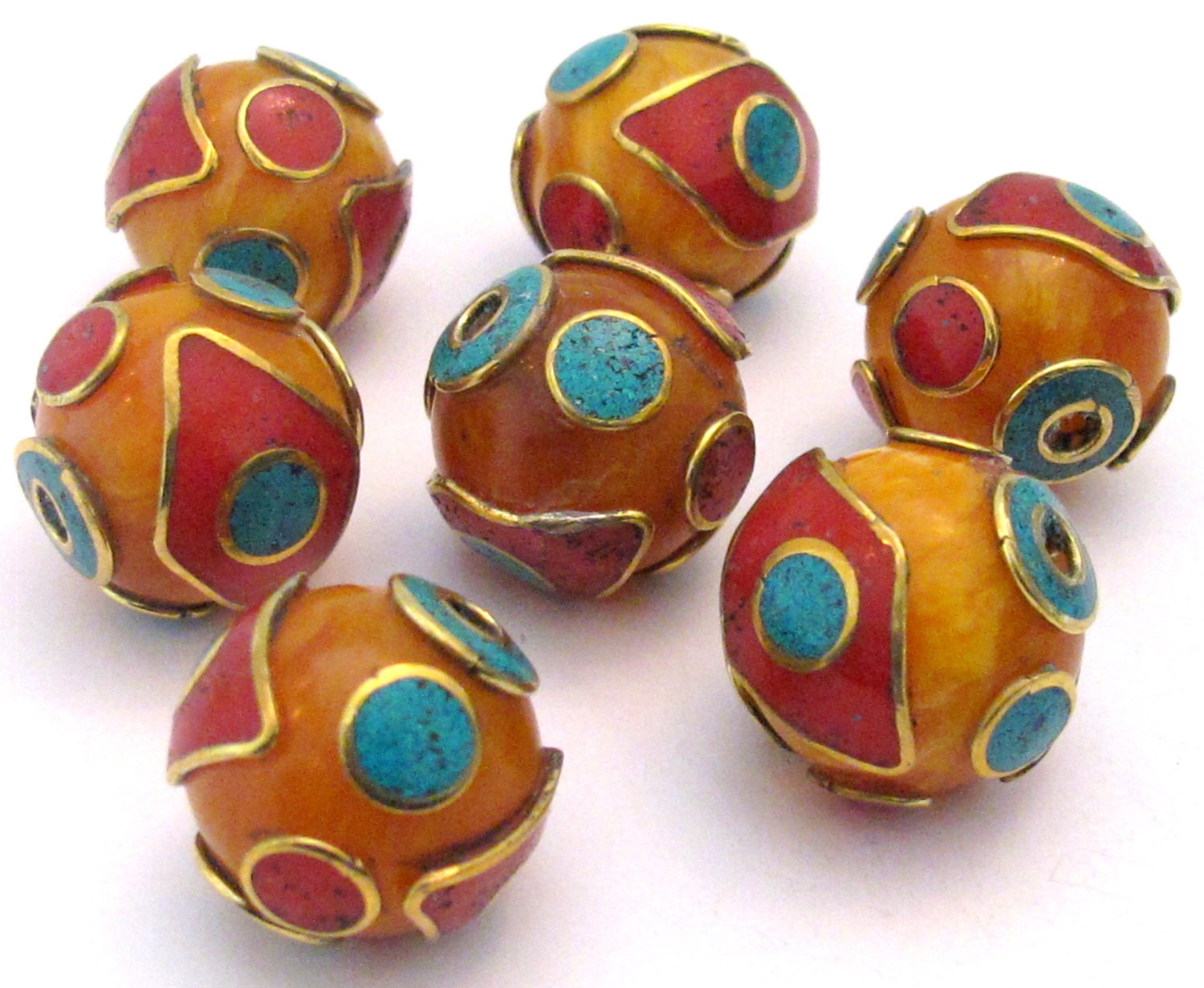 1 BEAD - 20 mm size Tibetan copal Resin eye design bead with brass , turquoise and inlay - BD504G