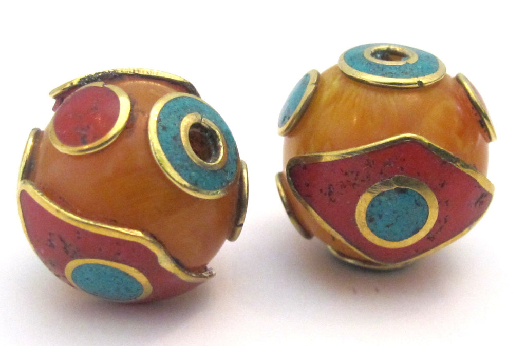 1 BEAD - 20 mm size Tibetan copal Resin eye design bead with brass , turquoise and inlay - BD504G