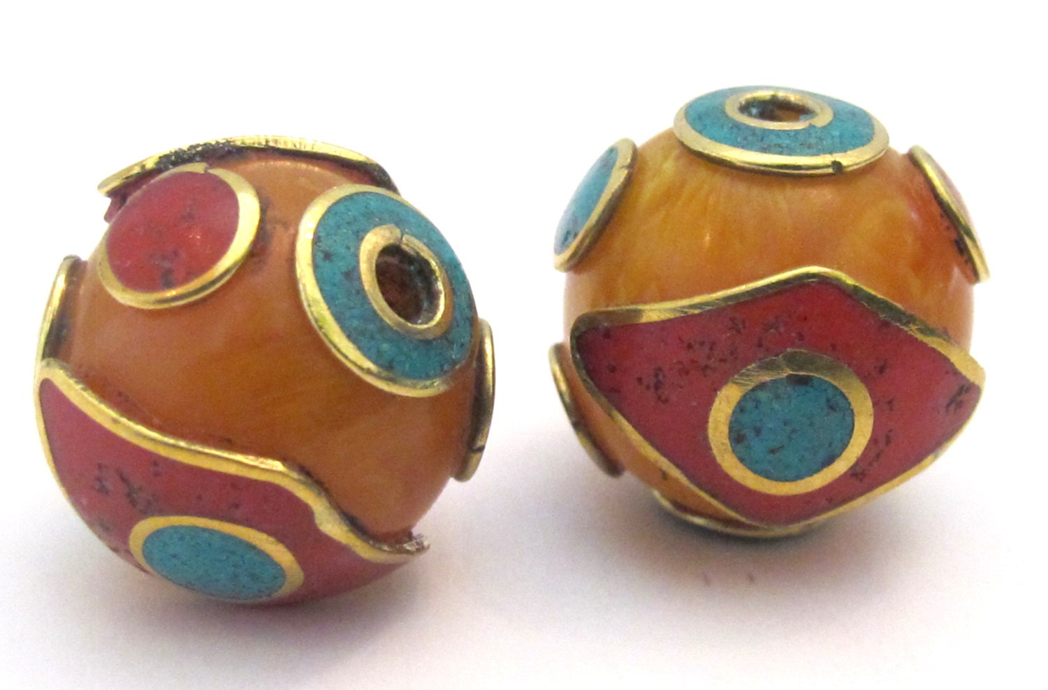 1 BEAD - 20 mm size Tibetan copal Resin eye design bead with brass , turquoise and inlay - BD504G