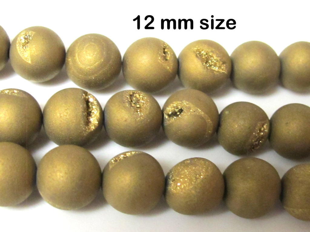 8 BEADS - 12 mm size - Beautiful Metallic Gold color druzy agate geode round beads - GM262