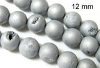 4 BEADS - 12 mm size - Beautiful Metallic silver druzy agate geode round beads - GM263