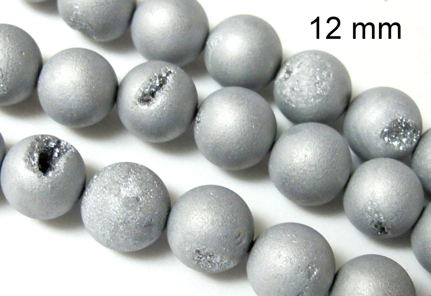 4 BEADS - 12 mm size - Beautiful Metallic silver druzy agate geode round beads - GM263