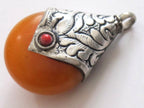 Thick Tibetan silver copal resin reversible pendant with floral design on bail - 1 Pendant - PM195B
