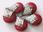 Large Tibetan antiqued silver finish red resin reversible pendant with floral design on bail - 1 Pendant - PM196