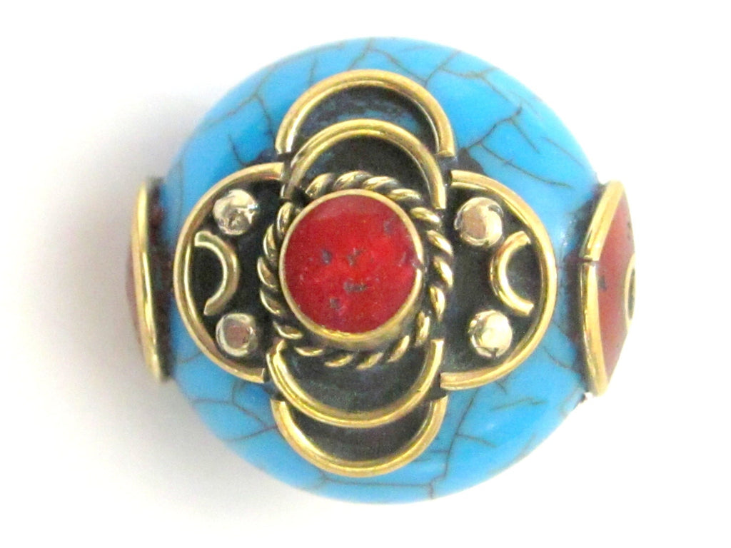 1 BEAD - Beautiful dual sided blue crackle resin horn bead inlaid with brass and - BD504D