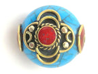 1 BEAD - Beautiful dual sided blue crackle resin horn bead inlaid with brass and - BD504D