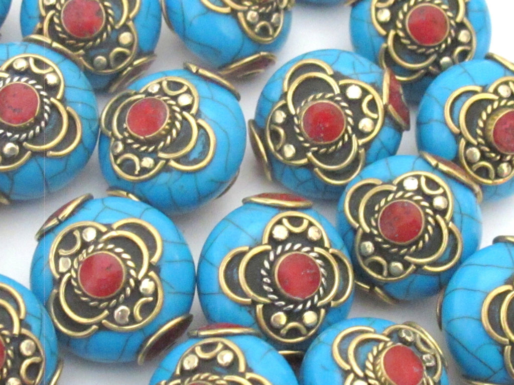 1 BEAD - Beautiful dual sided blue crackle resin horn bead inlaid with brass and - BD504D