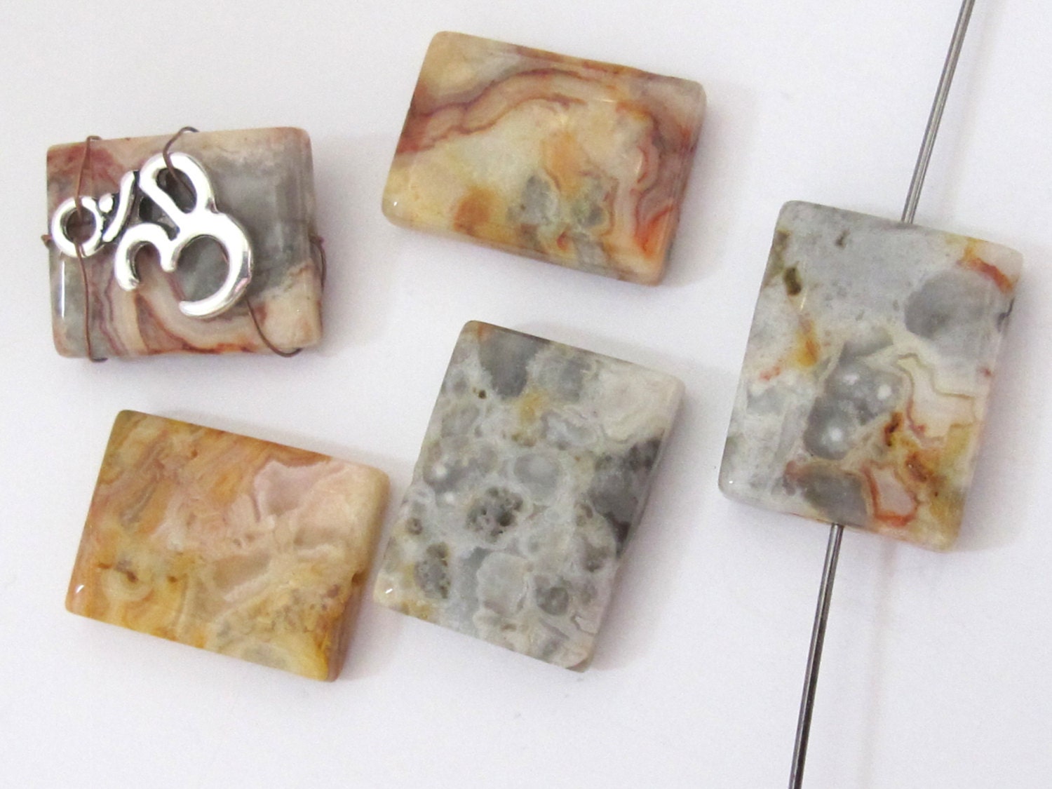 4 BEADS - Natural Crazy lace agate tile beads - GM264