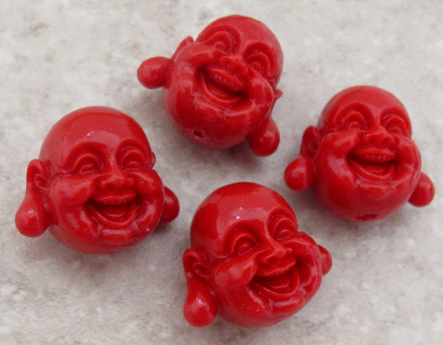 2 BEADS - Red happy smiling Buddha focal beads - BD507A