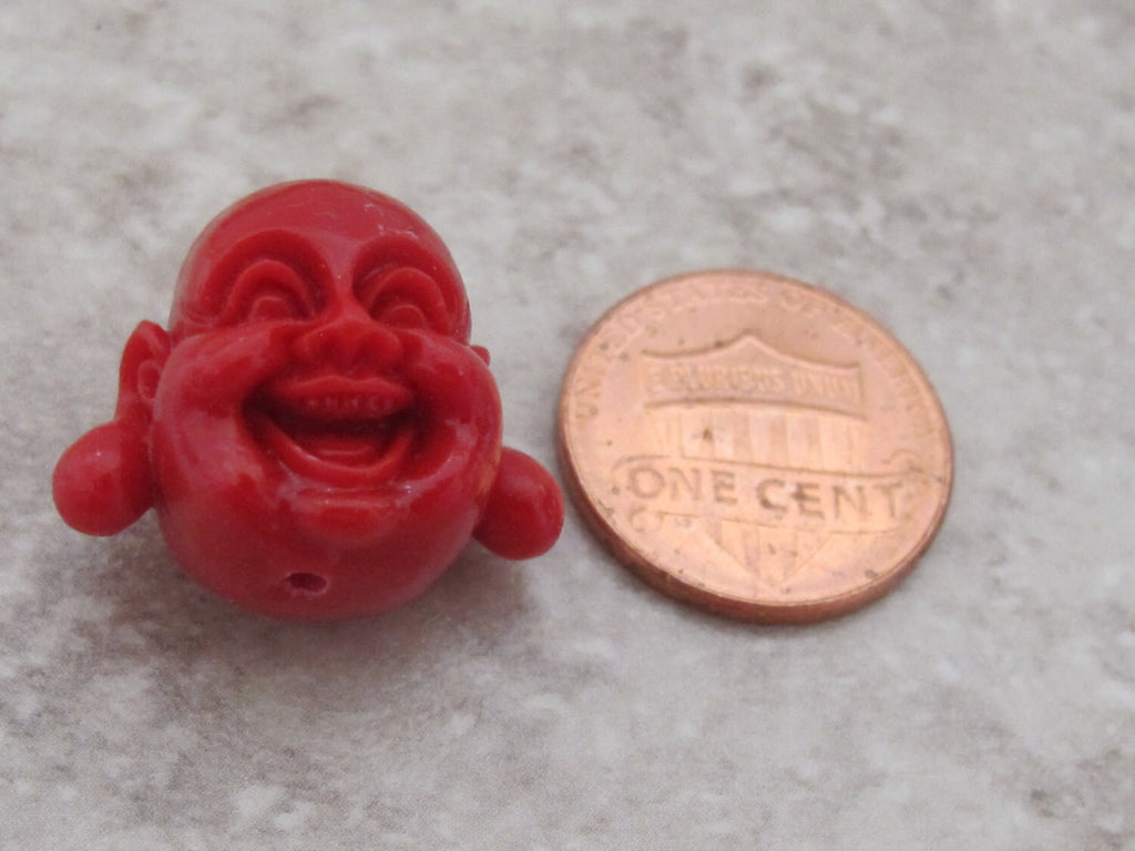 2 BEADS - Red happy smiling Buddha focal beads - BD507A