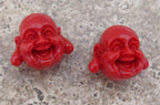 2 BEADS - Red happy smiling Buddha focal beads - BD507A