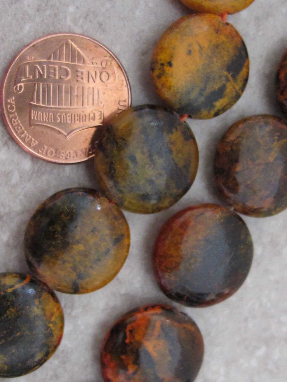 6 BEADS - Yellow orange azurite chrysocolla coin disc gemstone beads - GM269A