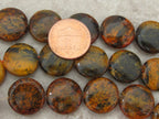 6 BEADS - Yellow orange azurite chrysocolla coin disc gemstone beads - GM269A