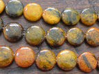6 BEADS - Yellow orange azurite chrysocolla coin disc gemstone beads - GM269A