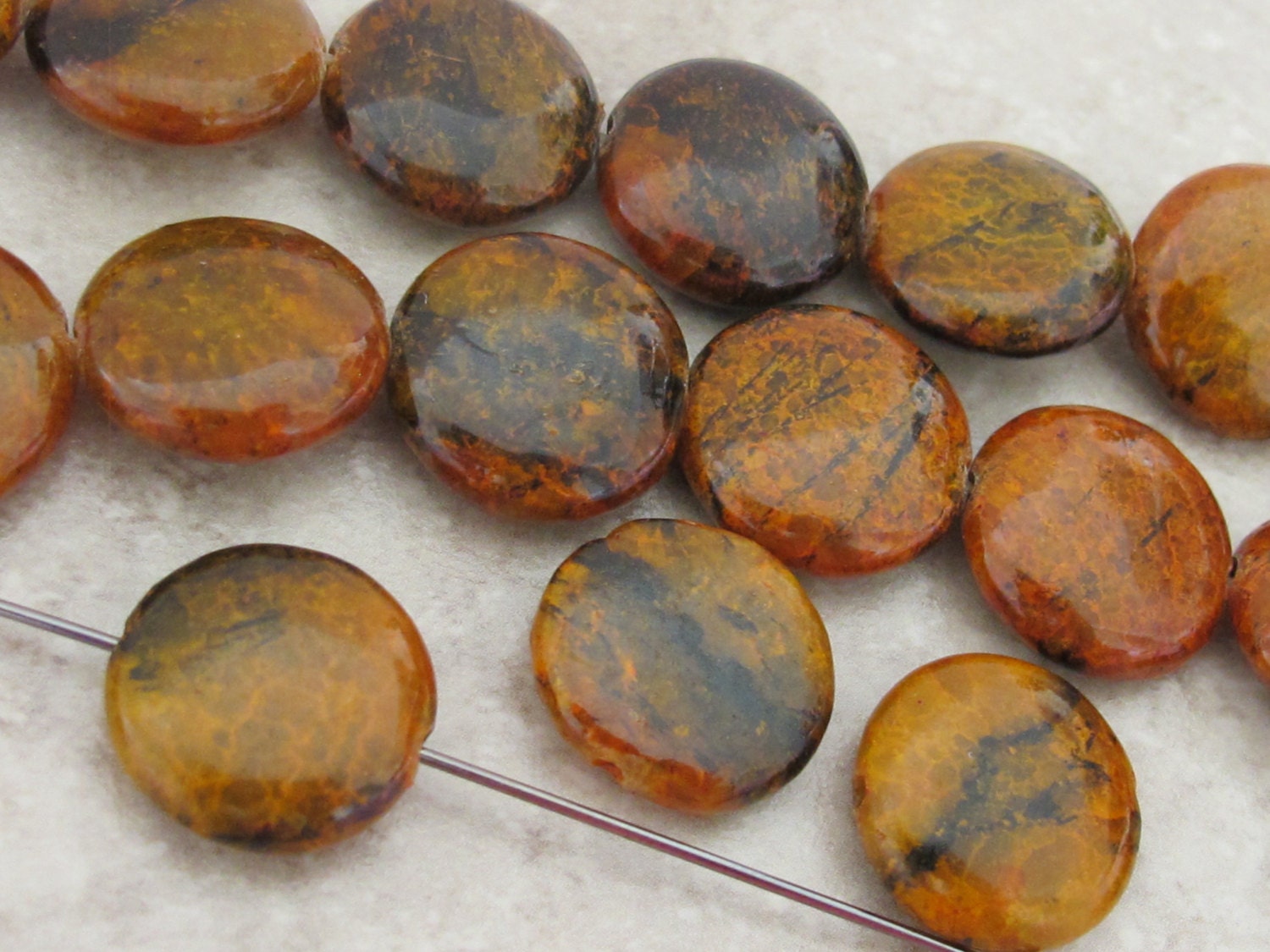6 BEADS - Yellow orange azurite chrysocolla coin disc gemstone beads - GM269A