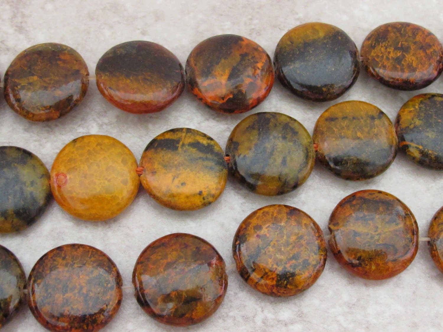 6 BEADS - Yellow orange azurite chrysocolla coin disc gemstone beads - GM269A