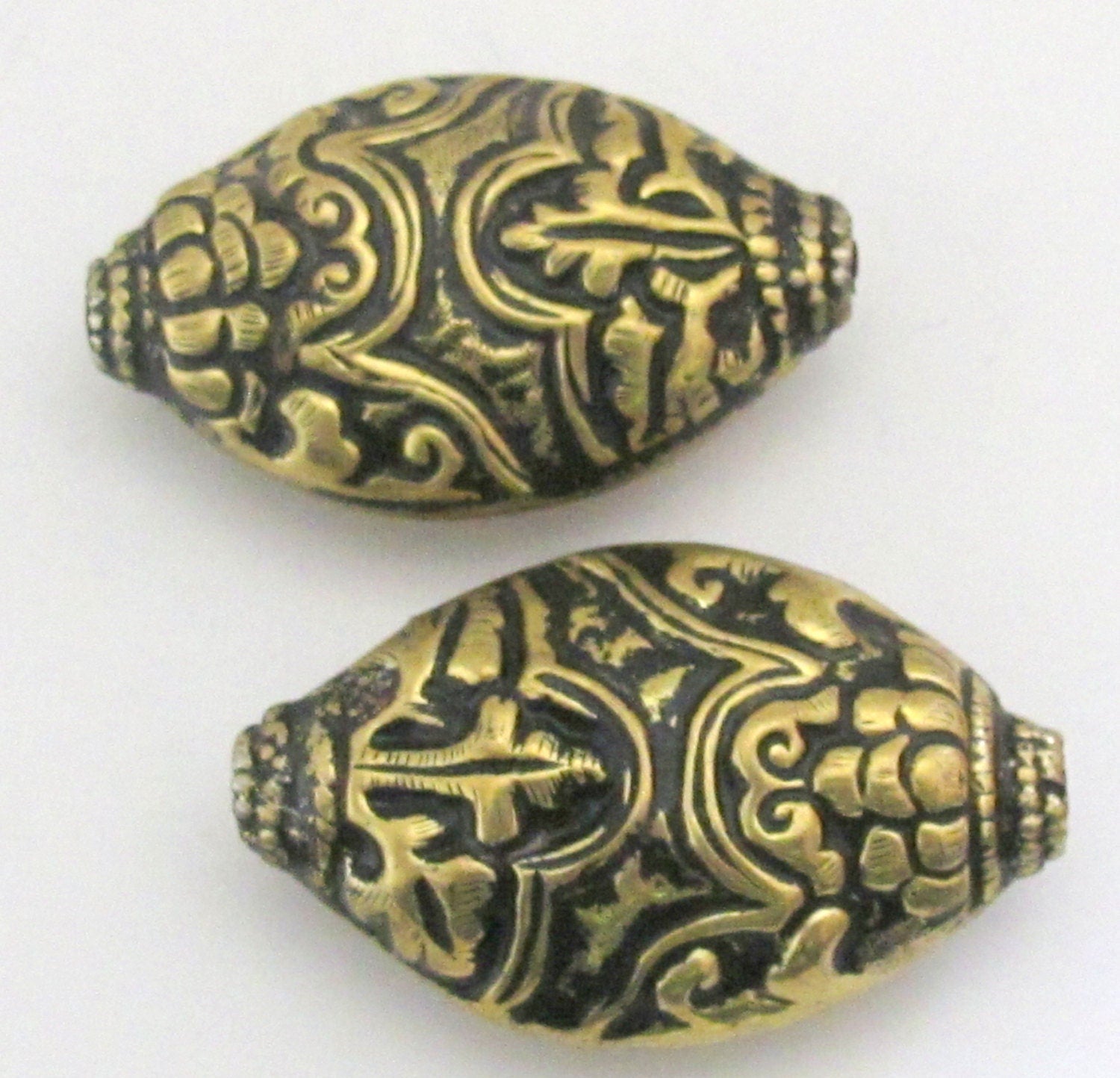 Extra large elliptical oval shape dual sided Tibetan brass bead with floral repousse - 1 bead - BD515