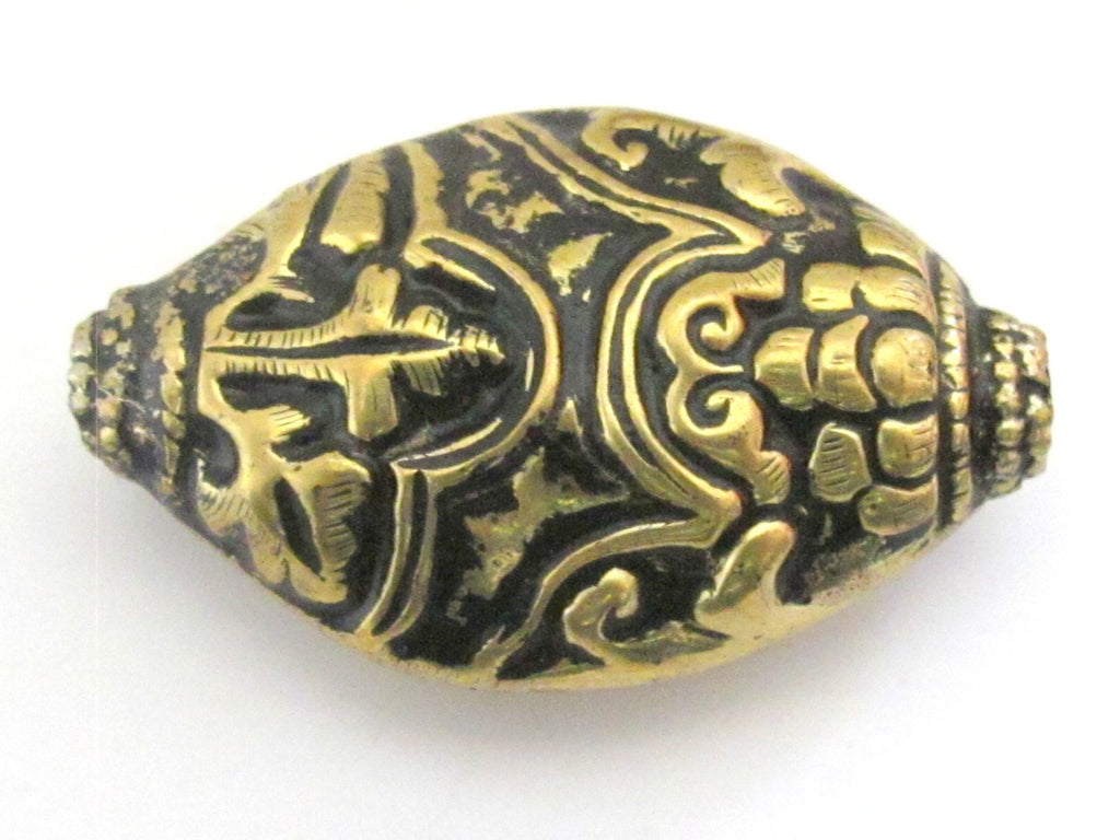 Extra large elliptical oval shape dual sided Tibetan brass bead with floral repousse - 1 bead - BD515