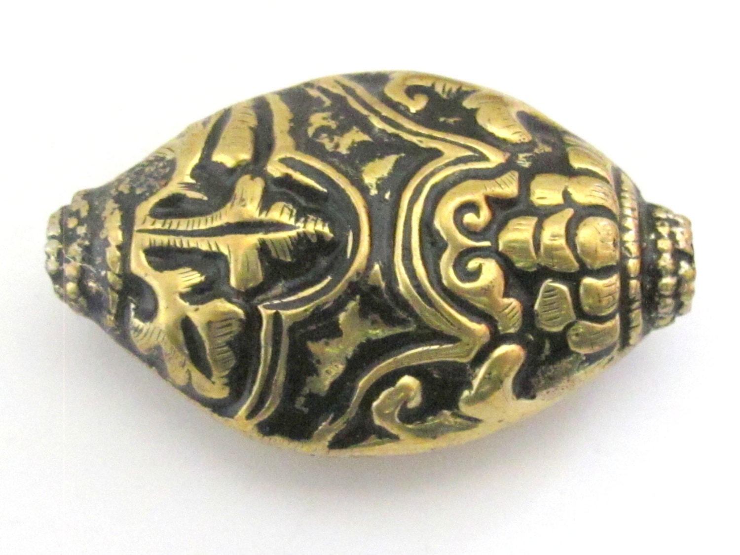 Extra large elliptical oval shape dual sided Tibetan brass bead with floral repousse - 1 bead - BD515