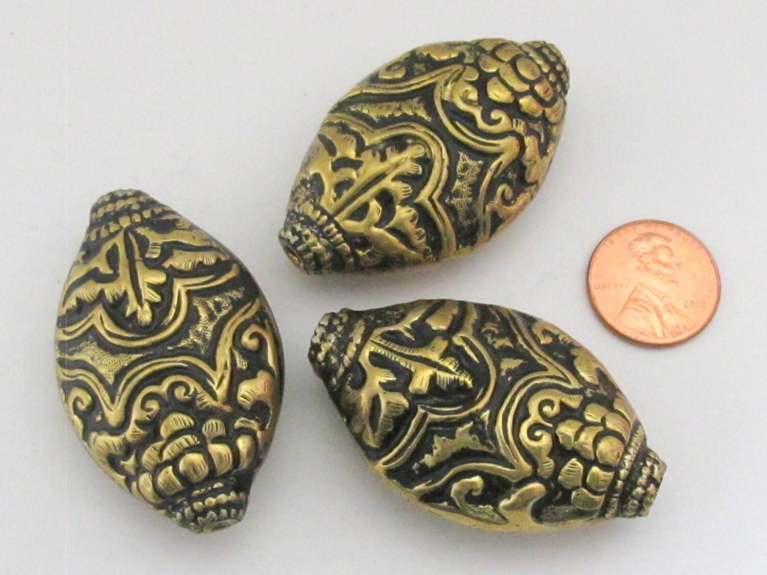 Extra large elliptical oval shape dual sided Tibetan brass bead with floral repousse - 1 bead - BD515