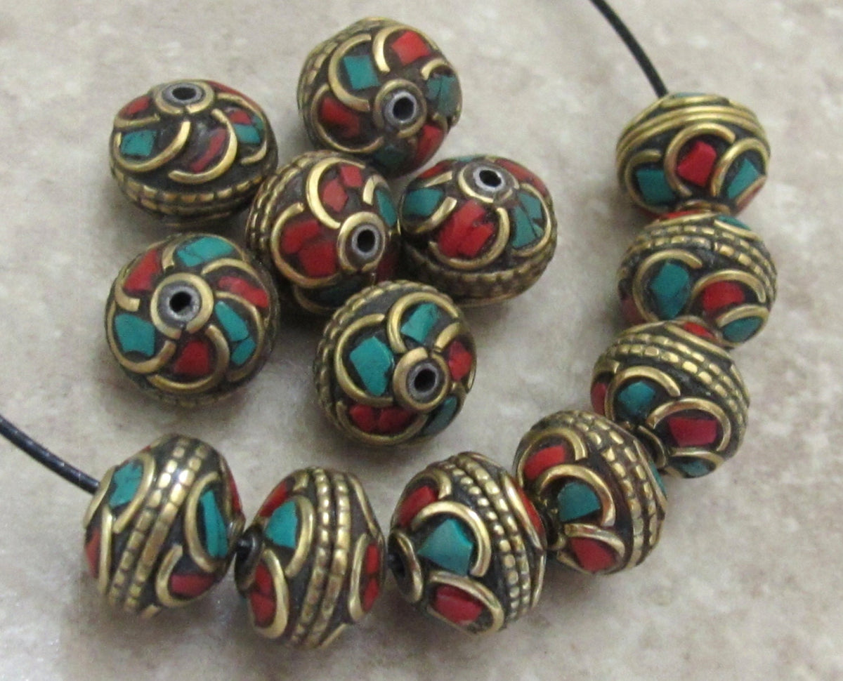 4 Beads - Nepalese brass bead with turquoise inlaid in floral whorl design - BD518