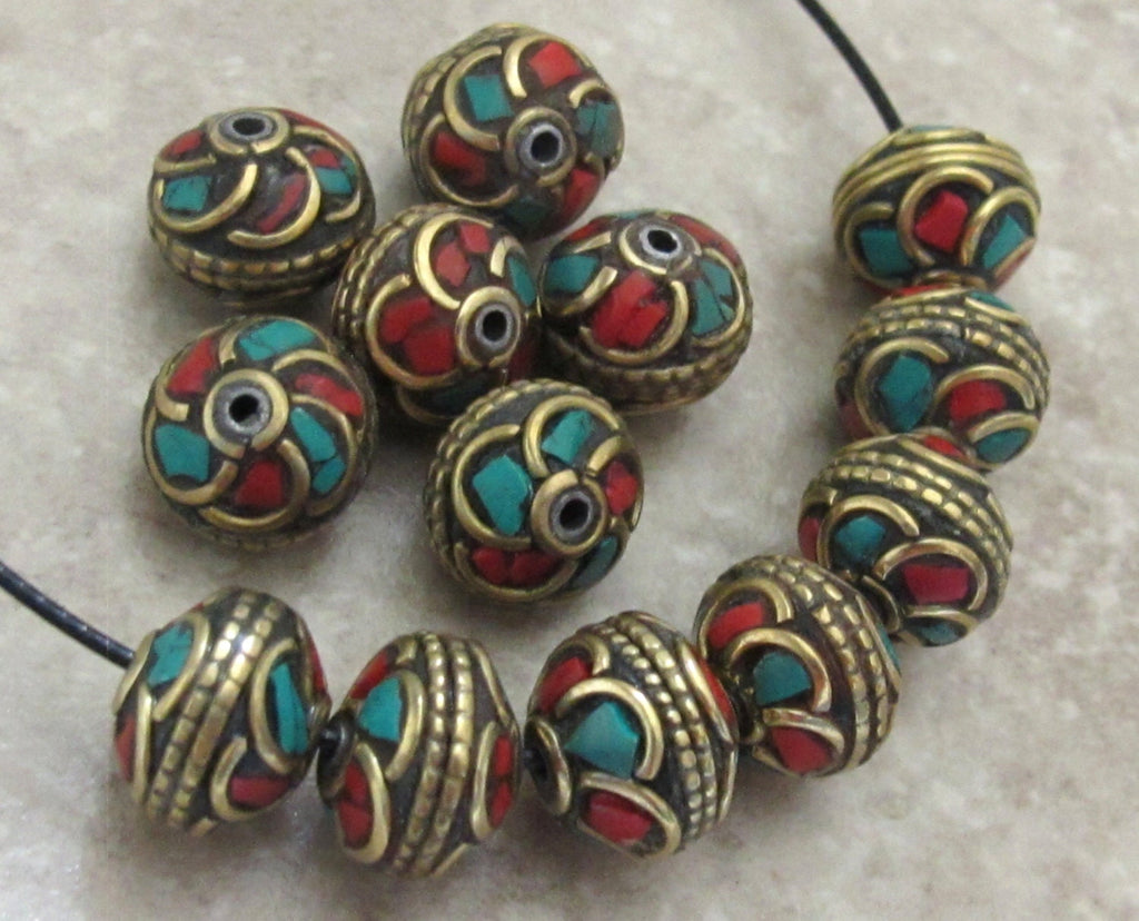 4 Beads - Nepalese brass bead with turquoise inlaid in floral whorl design - BD518