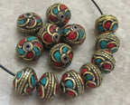 4 Beads - Nepalese brass bead with turquoise inlaid in floral whorl design - BD518