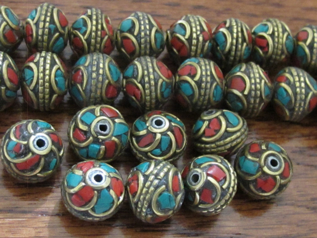 1 Bead- Nepalese brass bead with turquoise inlaid in floral whorl design - BD518