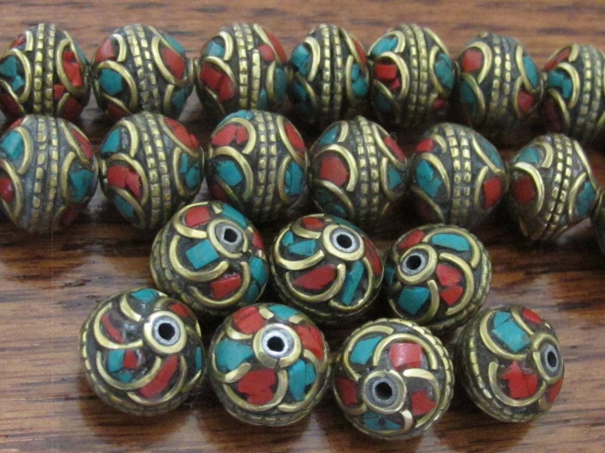 1 Bead- Nepalese brass bead with turquoise inlaid in floral whorl design - BD518