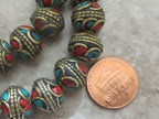 1 Bead- Nepalese brass bead with turquoise inlaid in floral whorl design - BD518