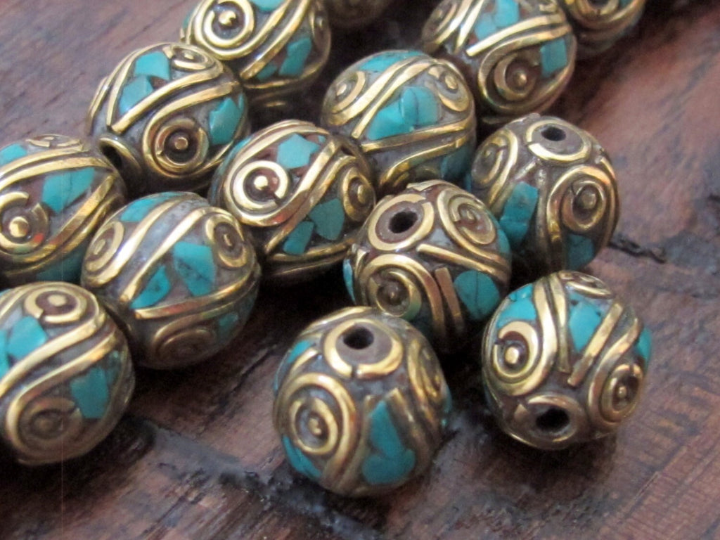 2 Beads-Nepalese oval shape brass beads with turquoise inlay from Nepal - BD520